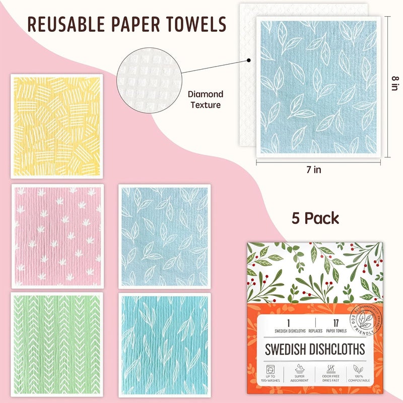 Augine Swedish Dishcloths for Kitchen, 5 Pack Reusable Paper Towels Washable, Super Absorbent Swedish Dish Cloths, Non-Scratch, No Odor - Image 2